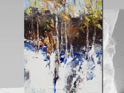 Betulle e neve. Olio su tavola.