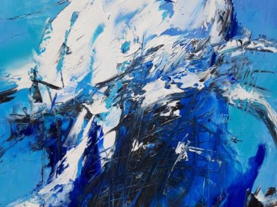 Bianco blu su sfondo azzurro. Olio su tela.
