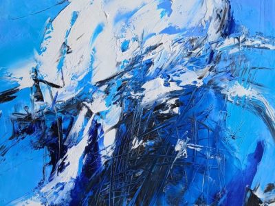 Arbusti e neve in bianco e blu. Olio su tela.