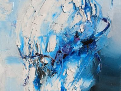 Arbusti e neve su azzurro. Olio su tela.