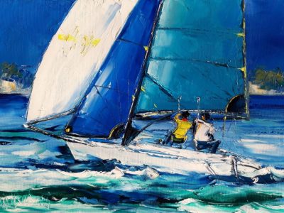 Bianco e blu, quadro di mare e vela. Olio su tela.