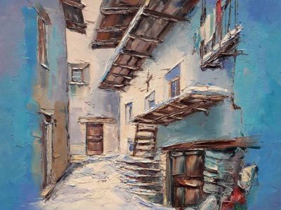 Borgata Chiesa, inverno. Olio su tela.