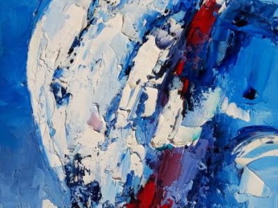 Taglio di rosso su bianco azzurro. Olio su tela.